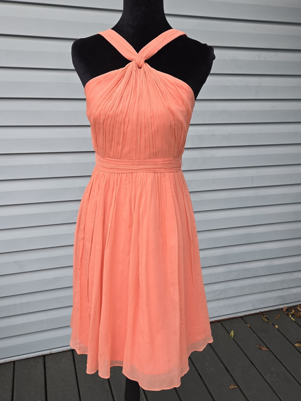 J.Crew Coral Peach Silk Chiffon Ruched Halter Dress Size 0 Cocktail Party Formal